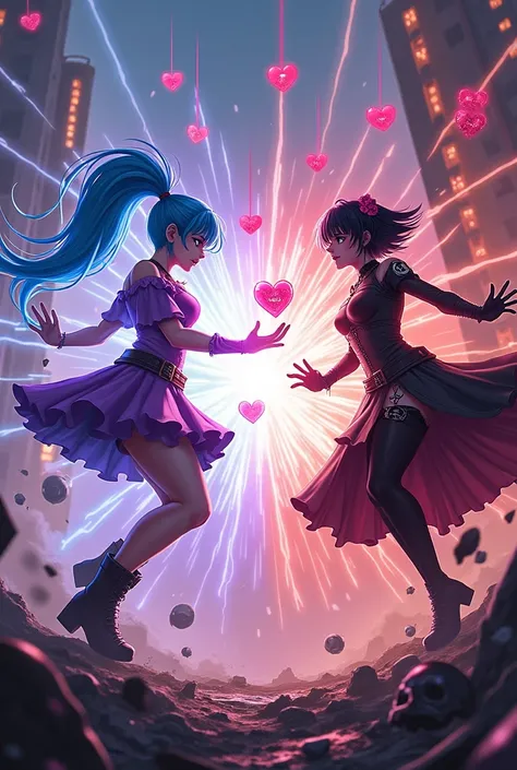 Un enfrentamiento épico entre Sugar cube y su clon malvado, Saladilla,  in a setting full of energy and chaos . Sugar cube,  with her bright blue hair acting Vibrant in shades of purple and pink ,  throws explosive luminous hearts from her hands ,  illumin...