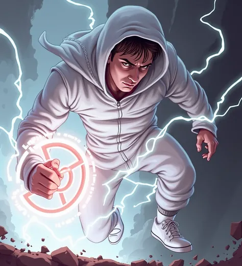 A superhero on white hood sweater, comic book style, holding a Tesla coil control device, comic character, brown hair, mean face, scenic background 