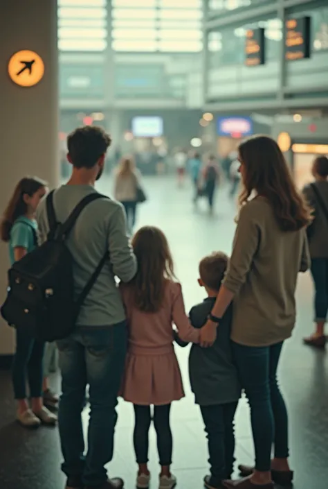 A girl in the distance at an airport with her dad brother , mom and having the photo taken from a second level with a poor quality cell phone camera 