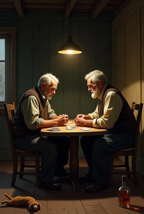 Two country men talking about dogs while playing cards in a room with only one light on