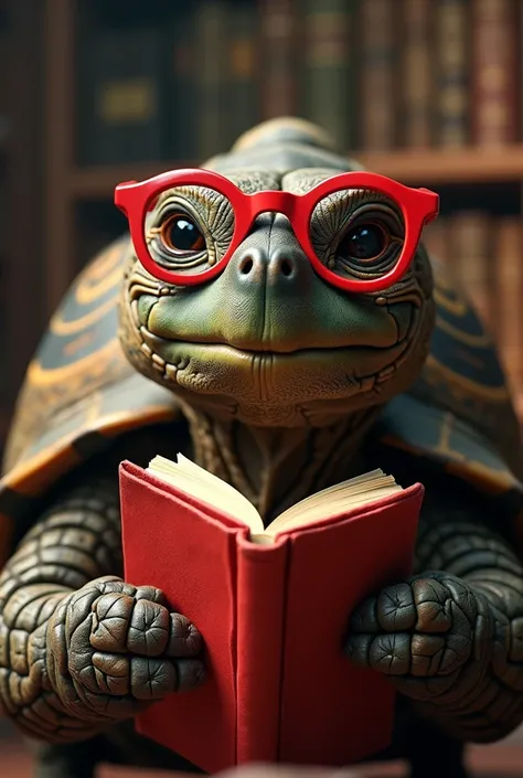 Create a tortoise with red glasses and a red book in your hand