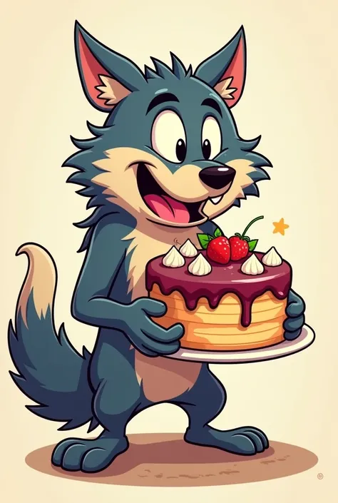  Create a drawing of a wolf holding and looking at a huge cake , with your mouth open and tongue out drooling , as if you were very hungry , but with a smiley face .