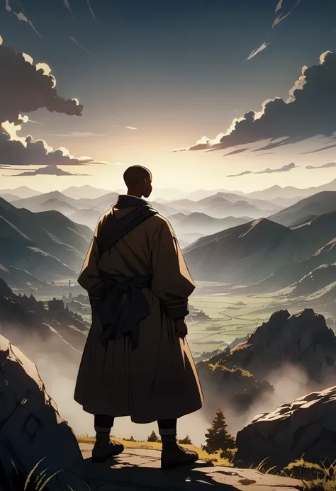 Man looking to the horizon standing in dark skin old anime clothing with rock and mountain landscape