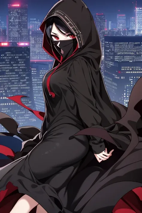 NNAssassinFSF, 1girl, solo, median breasts, black hair, red eyes, dress, hood, long skirt,, cape, black cloak, hood up, covered mouth, veil mouth mask, city, night