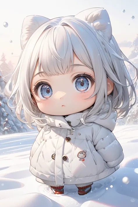 Ultra-realistic Hayao Miyazaki style, Simple line acronym abstract art, Kawaii design,  The most beautiful girl ever, (((Chibi))), Playing in the snow, 