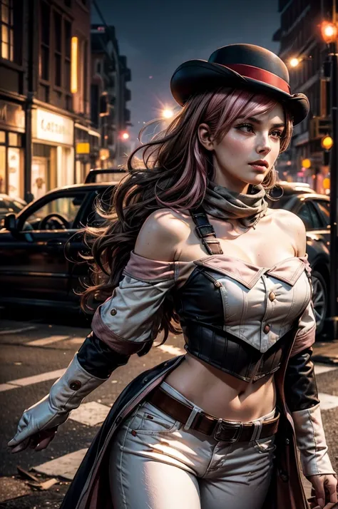 pink and brown hair, multicolored hair, neopolitanatlas, bowler hat, grey scarf, white gloves, white shirt, off-shoulder shirt, black sleeves, midriff, white belt, white pants, outdoors, post apocalyptic scene, future urban, cityscape, fountain in ruins, d...