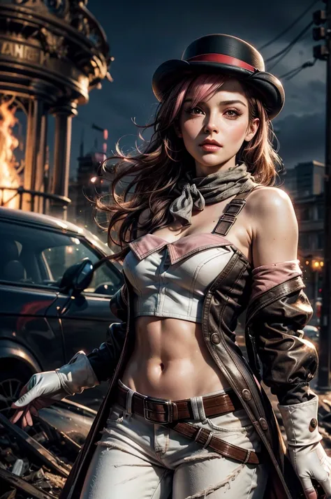 pink and brown hair, multicolored hair, neopolitanatlas, bowler hat, grey scarf, white gloves, white shirt, off-shoulder shirt, black sleeves, midriff, white belt, white pants, outdoors, post apocalyptic scene, future urban, cityscape, fountain in ruins, d...