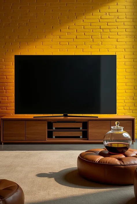  Create a photo of a luxury entertainment center for a TV, 65 inches ,  on a 2 , 50 wide by 2 ,20 tall ,  Put on a yellow brick background, Place a liquor jar with glass lids on the right side 


