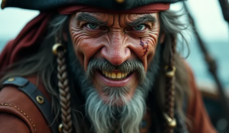 Close up of an old pirate man , ugly face , scary, gold teeth,  eye slaps and several scars ,  hes on board his pirate ship, hyperrealistic photography ,  Cinematic ,  high quality ,  high resolution, FIRST WORK