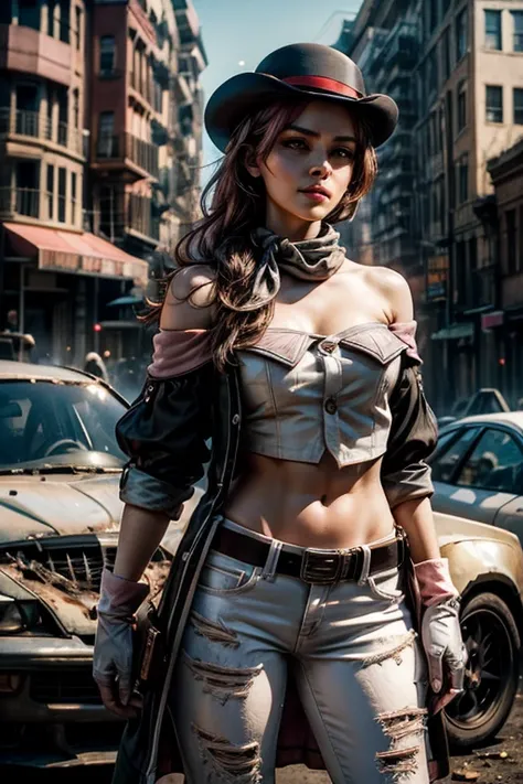 pink and brown hair, multicolored hair, neopolitanatlas, bowler hat, grey scarf, white gloves, white shirt, off-shoulder shirt, black sleeves, midriff, white belt, white pants, outdoors, post apocalyptic scene, future urban, cityscape, fountain in ruins, d...