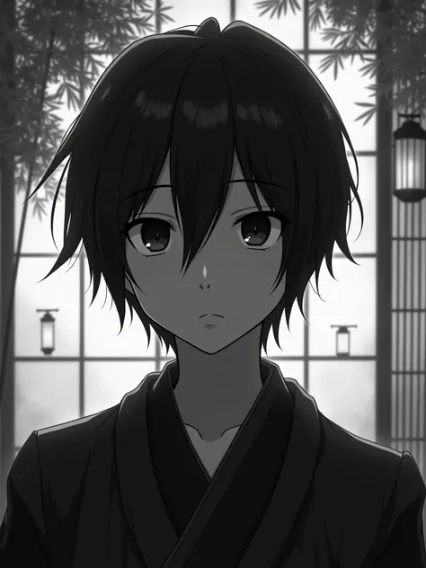 Beautiful anime portrait, Black and gray monochrome, Oriental Wallpaper, Traditional Japanese aesthetic, Lanterns or bamboo grove, Feeling, very anime style, 1 boy, Kirigaya Kazuto, Kirito, Close-up, Soft Light, Rich in details, The expression is firm, Kim...