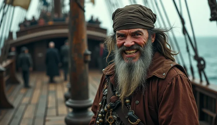 an old man pirate , ugly face , scary, gold teeth,  eye slaps and several scars ,  he is on board his pirate ship, hyperrealistic photography ,  Cinematic ,  high quality ,  high resolution, FIRST WORK