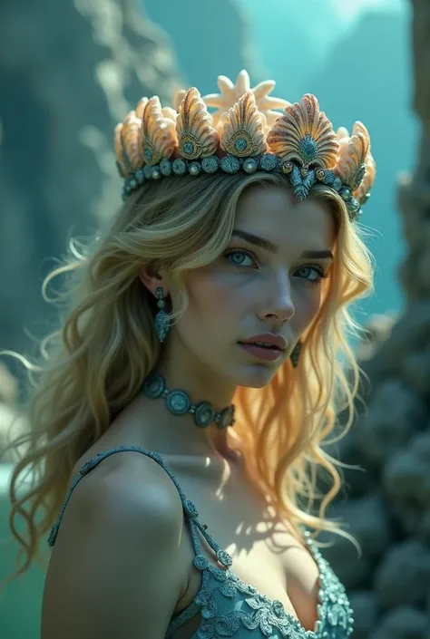 Blonde woman from Atlantis wearing blue teas and a crown of seashells