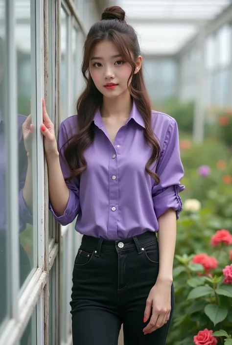 Beautiful korean girl  dull body,brown hair long  tie in bun wears silk shirt purple color crop  sleeves plum roled up in the arm  wears short jeans  black colour wears shoes vans stand  fuull body leaning against whit hand on wall glasses  greenhouse wall...