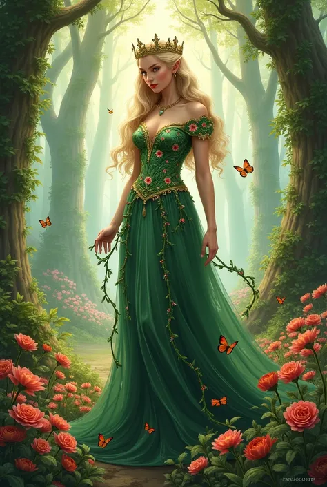 Animately create an image of the Queen of Nature, with a background of flowers and trees .