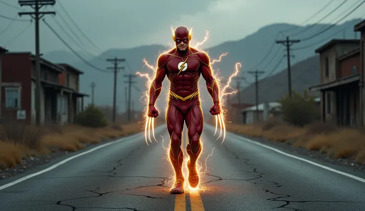 Ultra-realistic image of Flash mixed with Wolverine.  The setting is a deserted road . 