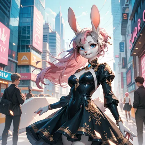 rabbit, furry, blue eyes,  gray hair, straight pink hair, black dress with gold edges,  futuristic city 