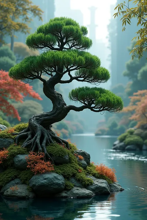 japanese dwarf pine, (ikebana:1.1), japanese pond and garden on background, by charlotte grimm, japanese garden, sci-fi, cyberpunk, intricate, highly detailed, digital painting, artstation, illustration, art by artgerm and alphonse mucha, vibrant volumetri...