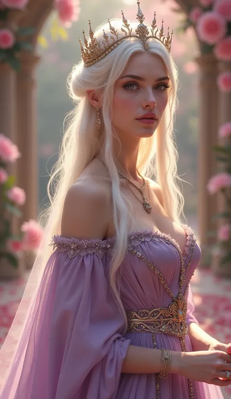 a beautiful woman with fair skin, pink eyes, long straight white hair, pale purple dress with plum accents, necklace, earrings, bracelets, tiara, romantic with flowers, royalty, full body, intricate details, elegant, cinematic lighting, warm color tones, d...