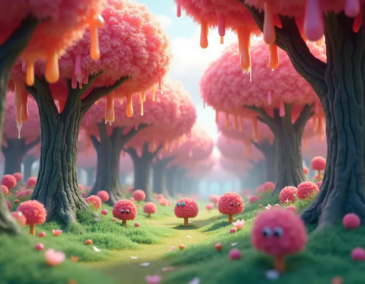 forest full of trees that seem to be made of melted candy with plenty of grass