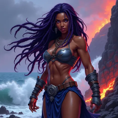  illustrate a powerful female warrior in vibrant colors inspired by Masters of the Universe. She is African with dark brown skin with ultra-detailed dark purple dreadlocks flowing from her head, framing her face and strong jawline. Her eyes are a striking,...