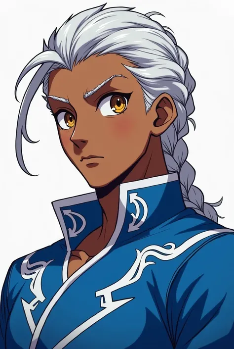 Tall 21 year old young man , braided white hair , amber eyes, brown skin,  blue costume with white anime details 
