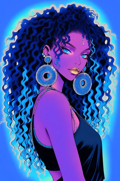 Illustrator, realistic,sketch , 1 person, Beautiful Girl, thin earrings , lip, really oversize jean, black tank-top, big bling-bling, Blue gradient background, Neon curly Hair , SHe is standing, pose sexy, Texture Cutout , ( masterpiece , Highest quality )