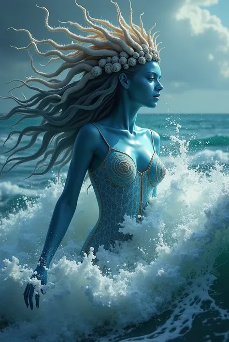 Atlantic Goddess with blue skin and snail crown