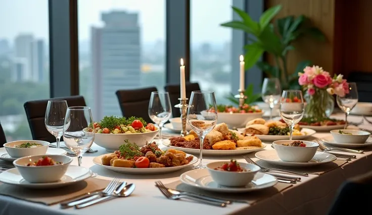 A contemporary 4K cinematic table setting with halal and kosher food options