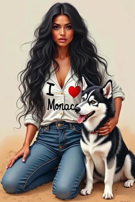 Une belle femme arabe , cheveux noir très  long, portant un jean et une chemise boutonnée blanche avec le mot "I love Morocco" dessus, elle une grande  poitrine sexy , assise par terre avec son chien husky sibérien  . Limage est dessinée avec des pastels à...