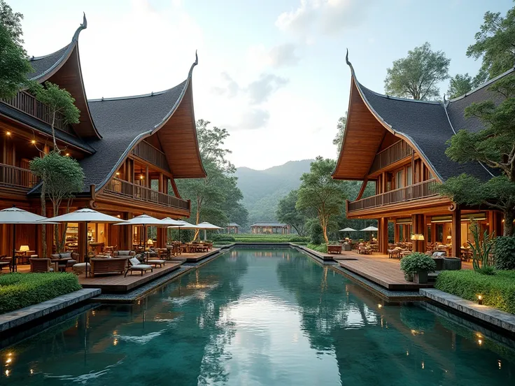 Southeast Asian wooden architecture complex, exaggerated Thai sloping roof, exaggerated partial super large roof diagonally inserted into the water, suspended roof on the water surface, sloping roof on the water surface, commercial street, tension themed d...