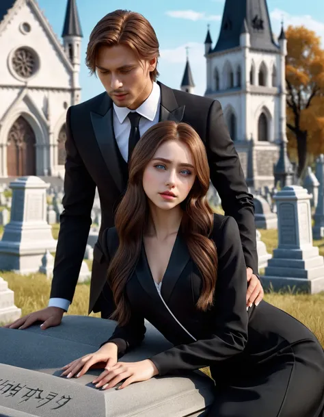 ( 3D girl with blue eyes ,  brown long hair , in black modern fashionable long beautiful funeral dress, leaning over the grave cries, tears running down my cheeks,)))  hugs ((Korean man with brown eyes and brown short hair)),  in a black formal suit and a ...