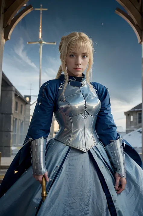 Artoria pendragon with kings robe, blonde woman, detailed face, freckles, mezzy long hair, full body view, small tits, small boobs, anorexic body, blue dress, armor, kings robe, medieval village at dawn 