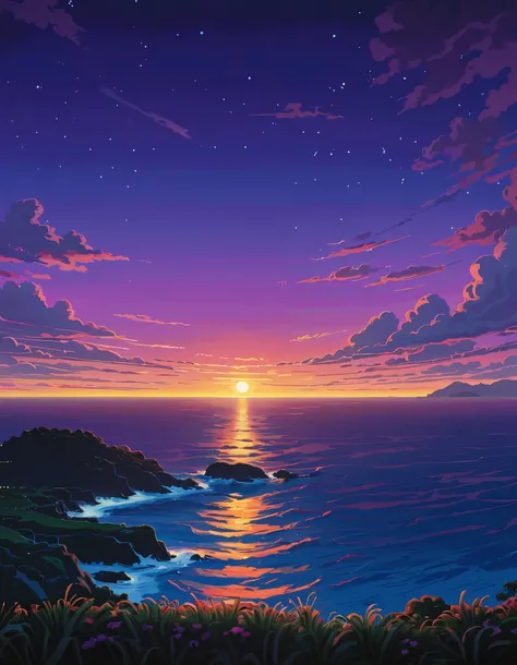 calm and serene night solo cielo , micro-detail lighting, a serene nubes purple-gray!!!!! black sky!! hypermicrodetail!!! anime professional!!! ciudad en el horizonte!!!!!!!!! serene, cozy, microdetail!! view incredible anime-realistic colors sunset Ghibli...