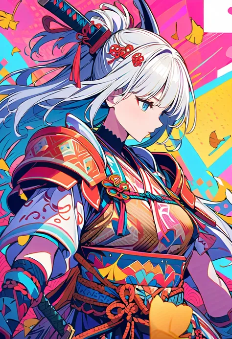 {worst quality, low-quality}, A vibrant and colorful illustration of an anime-style female samurai character with white hair, holding her sword in front of her face. She wears a traditional Japanese costume decorated with ginkgo, and the background is full...