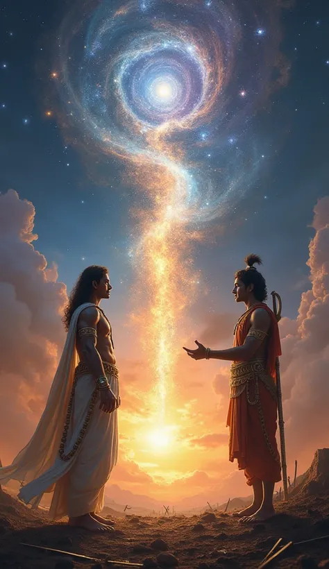 "A divine moment on a battlefield where Lord Krishna explains the immortality of the soul to Arjuna. Krishna is depicted glowing with a serene divine aura, pointing upwards to symbolize eternity, while Arjuna listens intently, his expression mixed with cur...