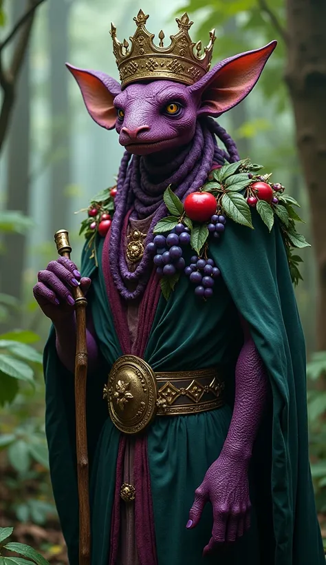  A fantastic humanoid creature with deep purple, textured skin reminiscent of fruit and bark。 he wears an elaborate golden crown adorned with vines and leaves 、 has an atmosphere that mixes dignity and playfulness 。 The costume is made of dark green and bl...