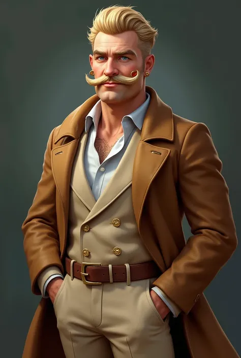  A white-skinned man , Hairy hair and blonde hair ,  light blue eyes with a big mustache ,  exudes a convinced smile .  He is wearing a beige suit with a brown overcoat ,  brown leather belt and shoes ,  he has two gold hoop piercings on the side of his ea...