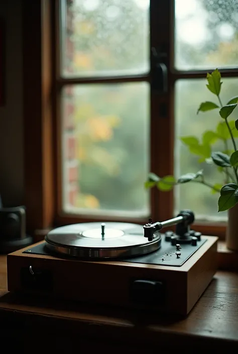 product photography, scenery, no human, photo of a vintage record player, indoor, light from window, raindrops on window, wong kar-wai movie style