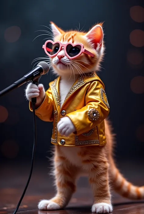 Kitten wearing heart-shaped glasses in a full-body standing position singing on a stage for an audience holding a microphone wearing clothing that looks like British singer-songwriter Freddie Mercury