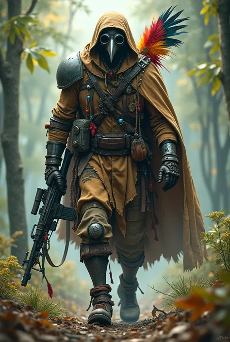 a man in a weathered scavenger outfit, armor padded shorts, an armored vest, green and gray shirts, several belts around his waist and torso, a tattered and tan-colored cloak with bird feathers sewn across the interior, scrap-metal shoulder pads, a gray co...