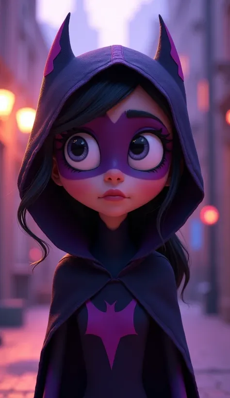 Create a Pixar-style image of Raven from Teen Titans. The character should have an expressive face with big, innocent eyes and a soft, endearing atmosphere.