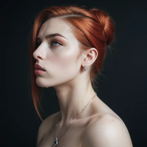 (completely in profile), Woman with a beautiful vampiric appearance, sensual look, redhead with a diamond-shaped face, Swiss physical features, very pale skin, open eyes looking directly at the front of the image with a penetrating and intense gaze. look. ...