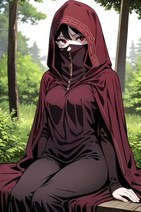 NNAssassinFSF, 1girl, solo, median breasts, black hair, red eyes, hood, long skirt, cape, cloak, veil mouth mask, hood up robe, covered mouth, cape covering whole body , ((masterpiece,best quality)) forest, day, sitting 