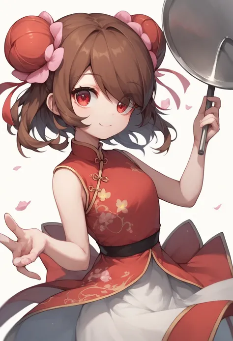 hotify,headgear,holding tray,white background,flower,brown hair,red eyes,looking at viewer,double bun,dress,yamamomo (plank),solo,medium hair,chinese clothes,hair bun,holding,touhoku kiritan,pink flower,simple background