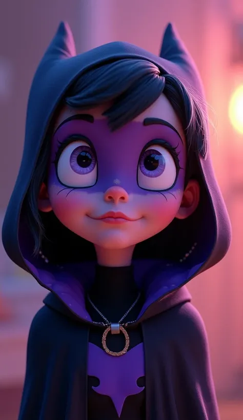 Create a Pixar-style image of Raven from Teen Titans. The character should have an expressive face with big, innocent eyes and a soft, endearing atmosphere.