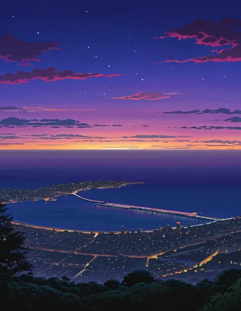 calm and serene night solo cielo , micro-detail lighting, a serene nubes purple-gray!!!!! black sky!! hypermicrodetail!!! anime professional!!! ciudad en el horizonte!!!!!!!!! serene, cozy, microdetail!! view incredible anime-realistic colors sunset Ghibli...