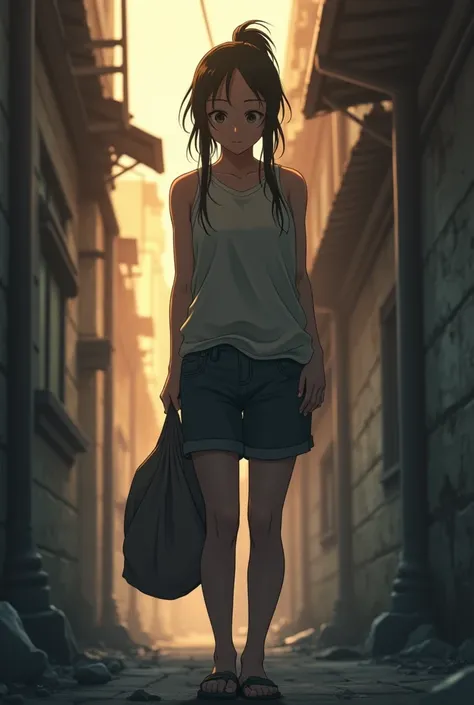  A young woman with long dark hair, gathered into a messy ponytail,  dressed in simple, worn clothes ,  standing in a narrow alley .  Their figure is thin ,  with a posture that reflects fatigue ,  but it still conveys a sense of love and sacrifice . in yo...