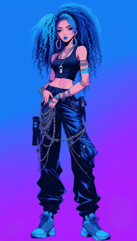 Illustrator, realistic,sketch , 1 person, Beautiful Girl, thin earrings , lip, baggy pants, black tank-top, big bling-bling, Blue gradient background, Neon curly Hair , she is standing with a gun in hands, pose sexy, Texture Cutout , ( masterpiece , Highes...