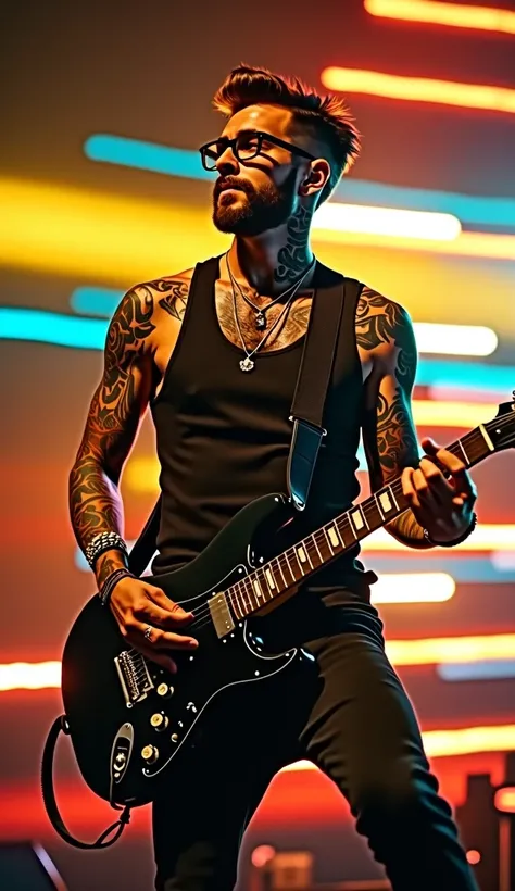 The image shows a handsome rocker, 30s, bearded, trendy haircut, black glasses, tattoos, dressed in black, slim, playing electric guitar across the frame, suggesting movement. He is surrounded by streak lights. His light complexion contrasts with his dark ...